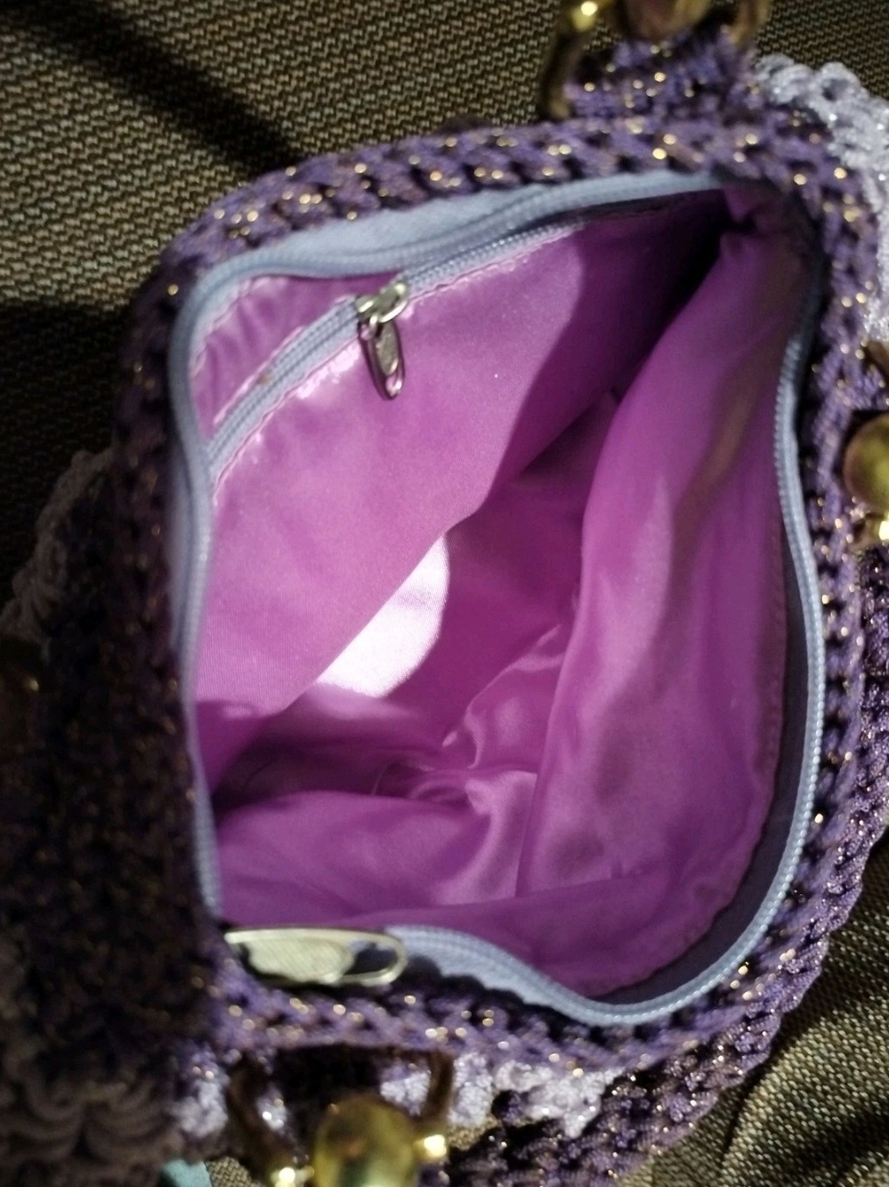 Handcrafted Purple Ruffled Crochet Handbag Gold Threading & Hardware - Picture 5 of 8
